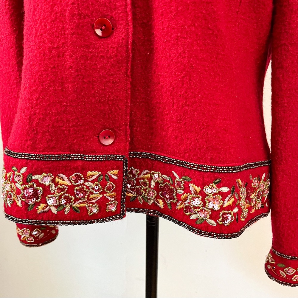 Talbots Vintage Red Wool Embroidered Beaded Jacket Large - Picture 5 of 10